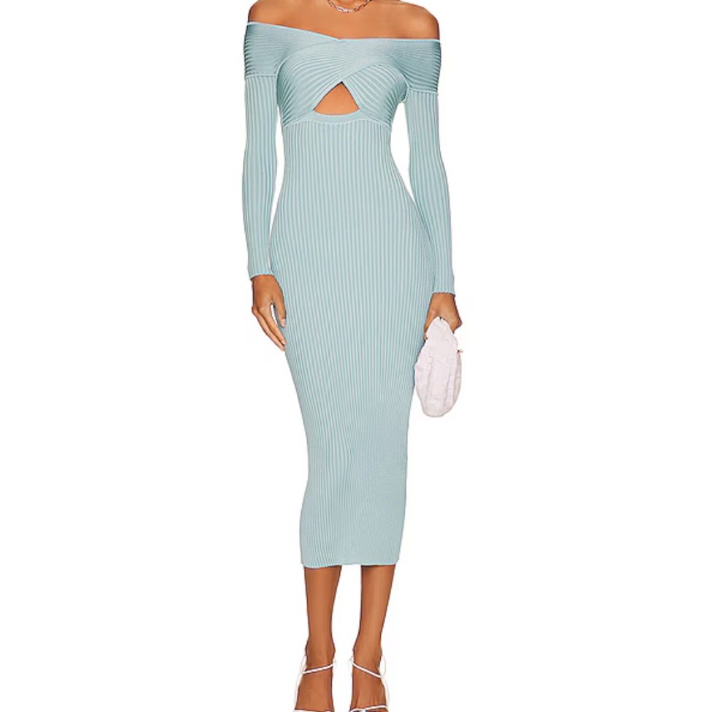 SELF PORTRAIT Ribbed Knit Crossover Bust Midi Dress